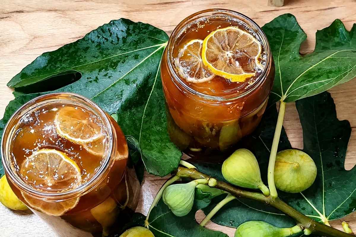 Tegle slatka od smokava sa kriškama limuna, svežim smokvama i listovima.