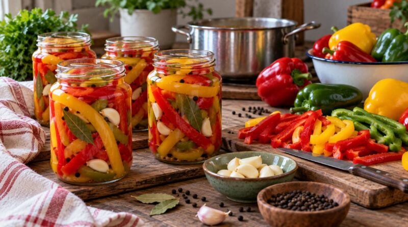 Kisela crvena, zelena i žuta paprika na trake pripremljena u teglama za zimnicu