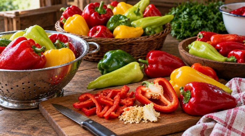 Različite vrste crvenih, zelenih i žutih paprika pripremljene za zimsku salatu