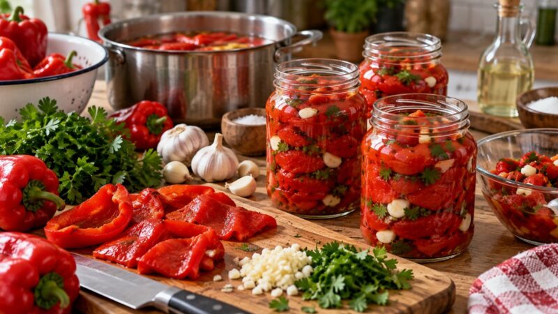 Crvena paprika sa belim lukom i peršunom složena u tegle tokom pripreme zimnice.