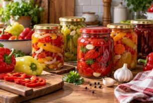 Tegle sa zimskim salatama od crvene i žute paprike uz sveže paprike, beli luk i peršun