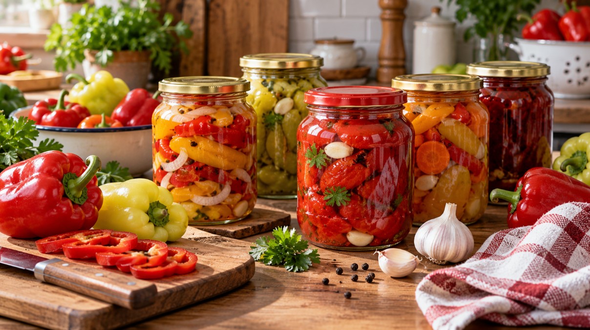 Tegle sa zimskim salatama od crvene i žute paprike uz sveže paprike, beli luk i peršun
